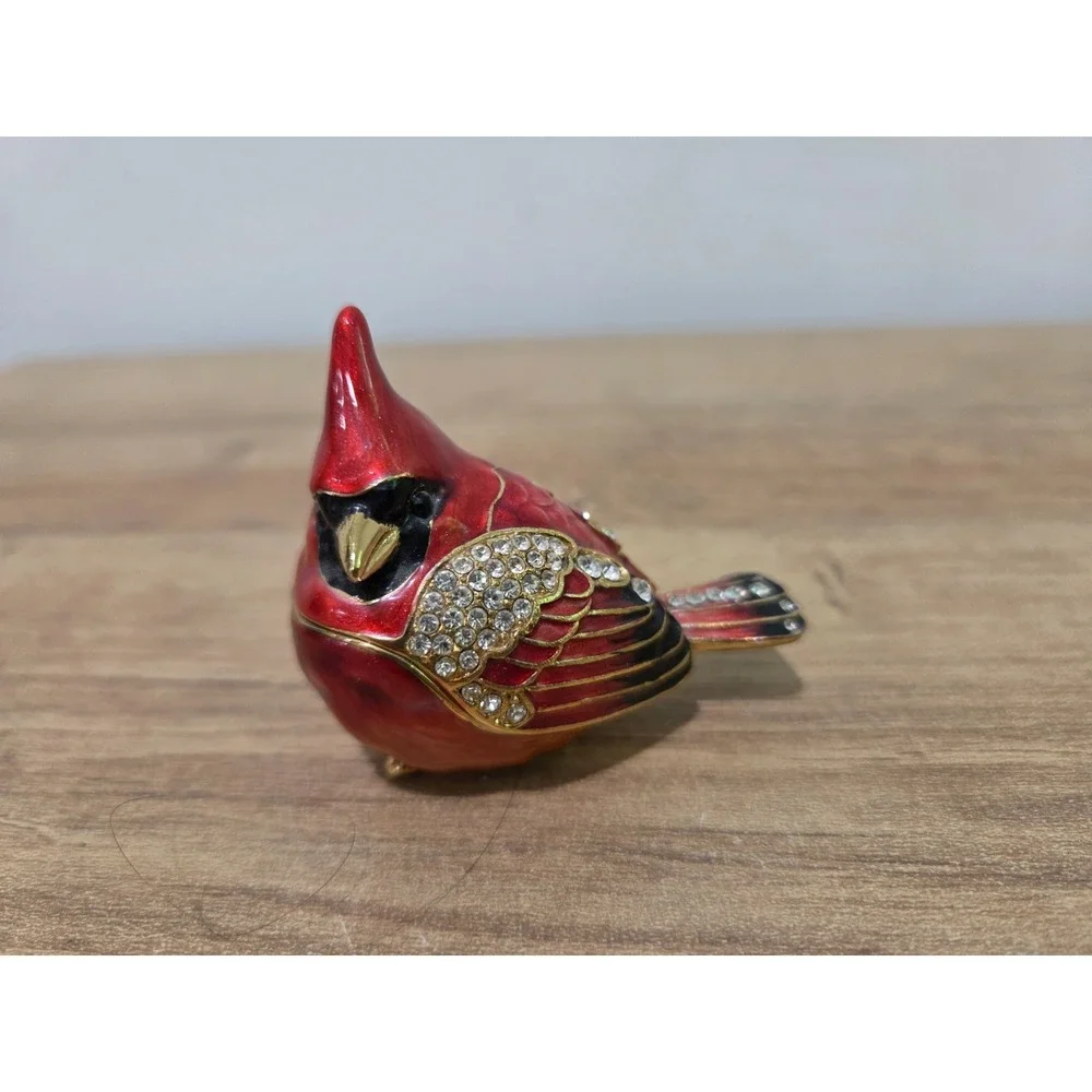 Red Cardinal Bird Enamel Rhinestone Hinged Trinket Box Magnetic 2.5''